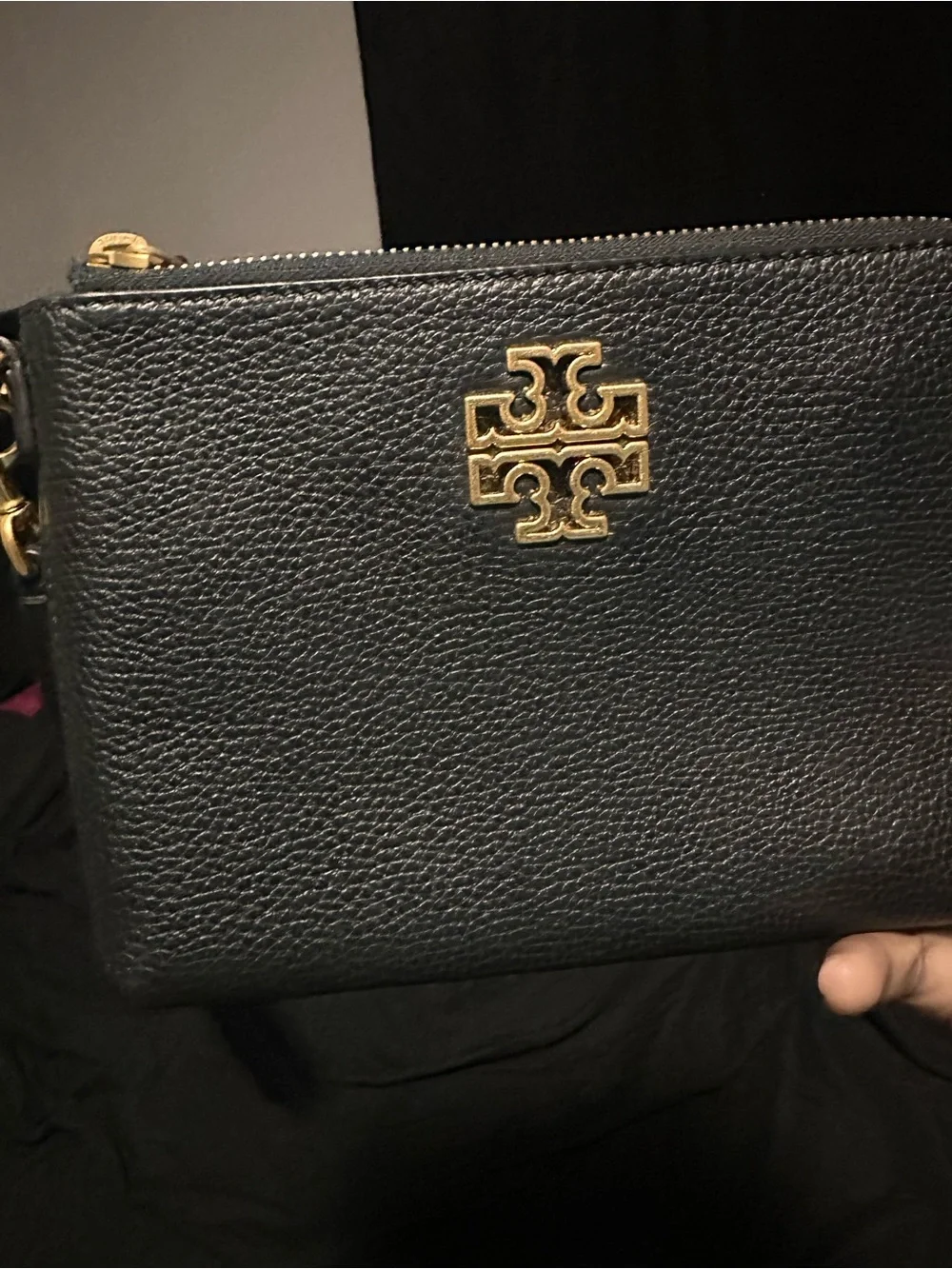 Tory Burch Black Pebbled Leather Wristlet with Gold Logo