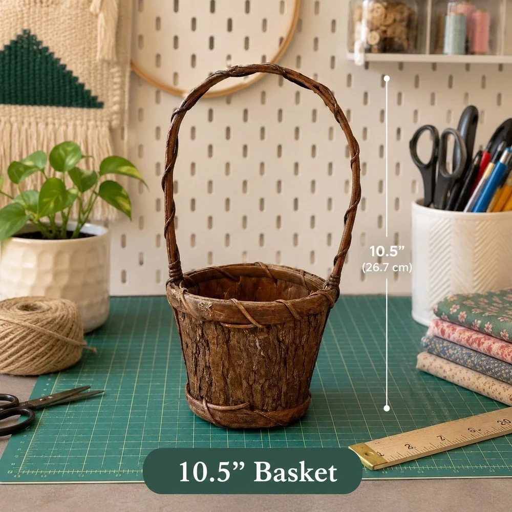 Vintage Rustic Tree Bark Basket‎ with Tall Handle 10.5 Inch Brown Woodland Decor