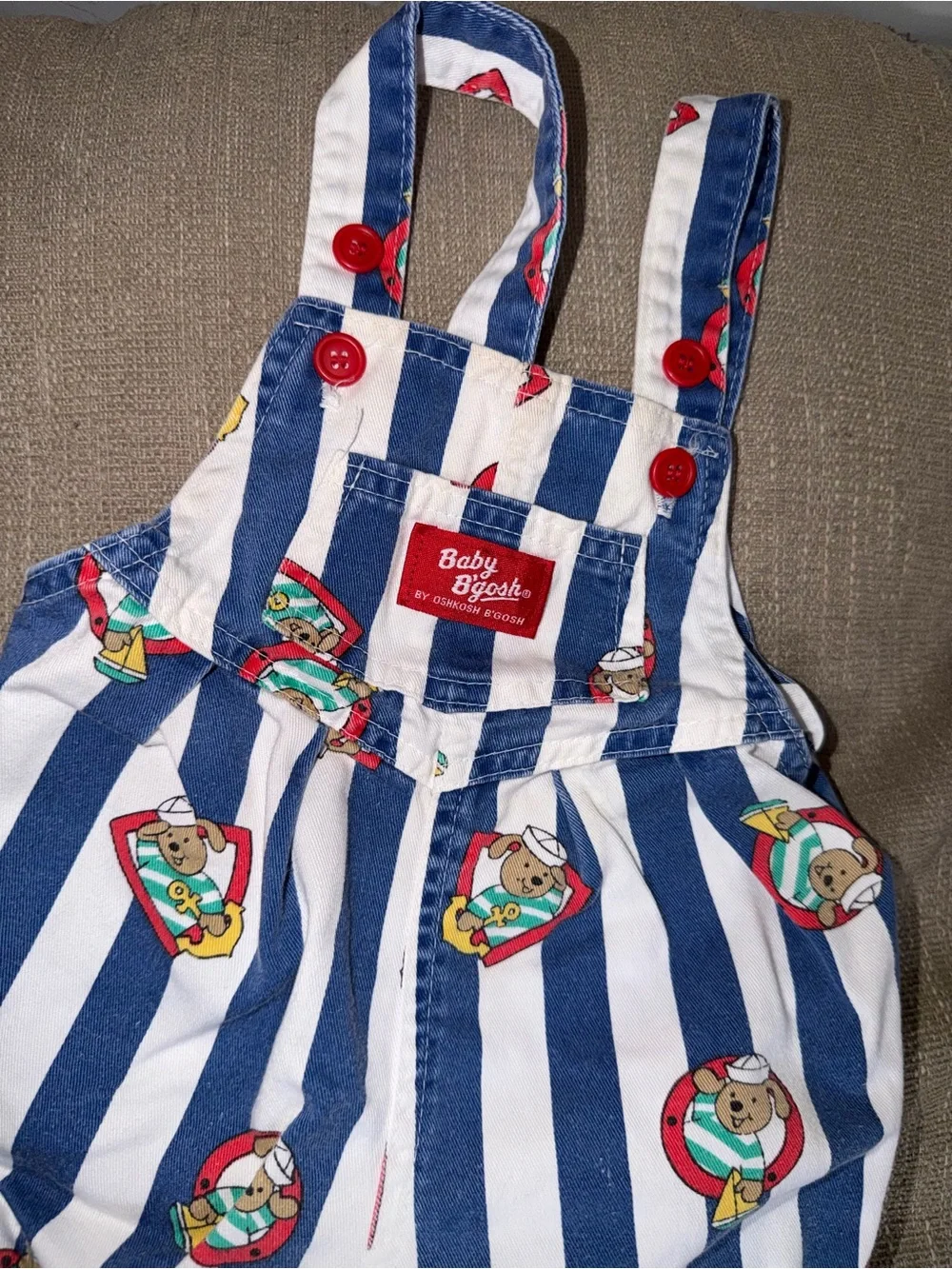 Vintage 80s OshKosh B'gosh Sailor Puppy nautical AOP Striped Bubble Romper. 18m