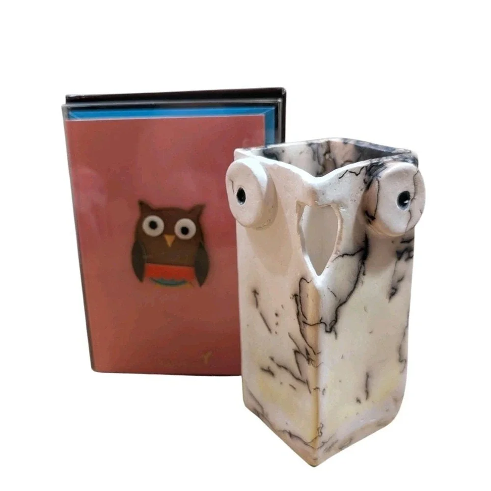 Owl Bundle Papyrus Note Cards 8 Ct + Signed Owl‎ Studio Pottery Vase Smoke Fired
