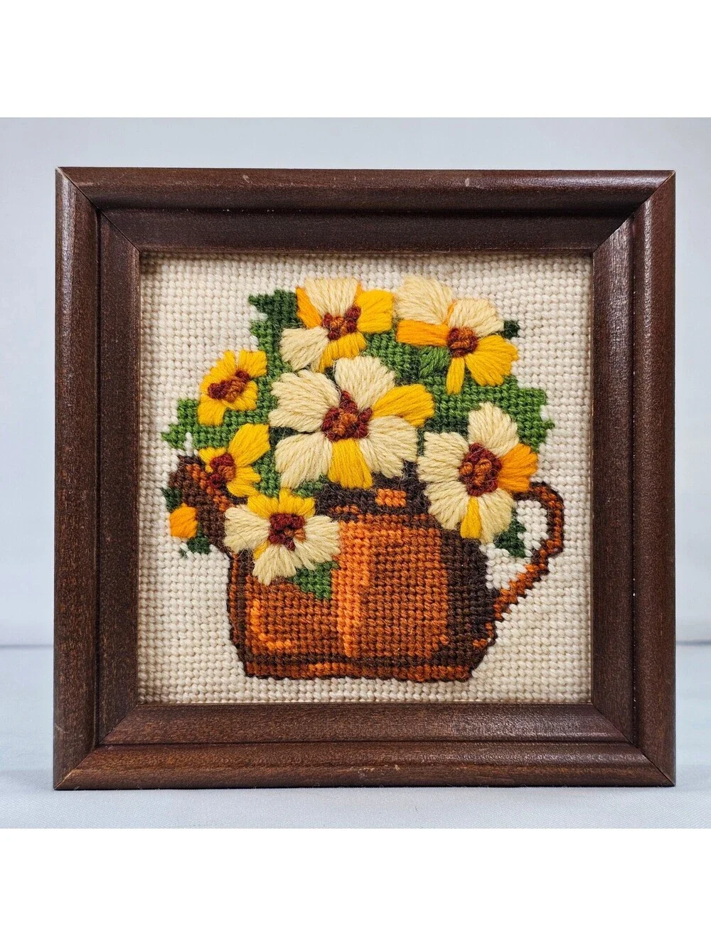 Vintage Floral Needlepoint Framed Art Yellow Flowers Cottagecore 5x5 Wood Frame