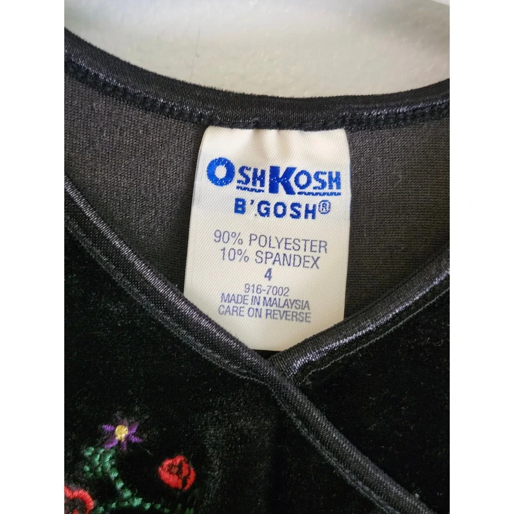 Vintage OshKosh B'Gosh Black Velvet Dress Girls Size 4 Floral Embroidered 90s