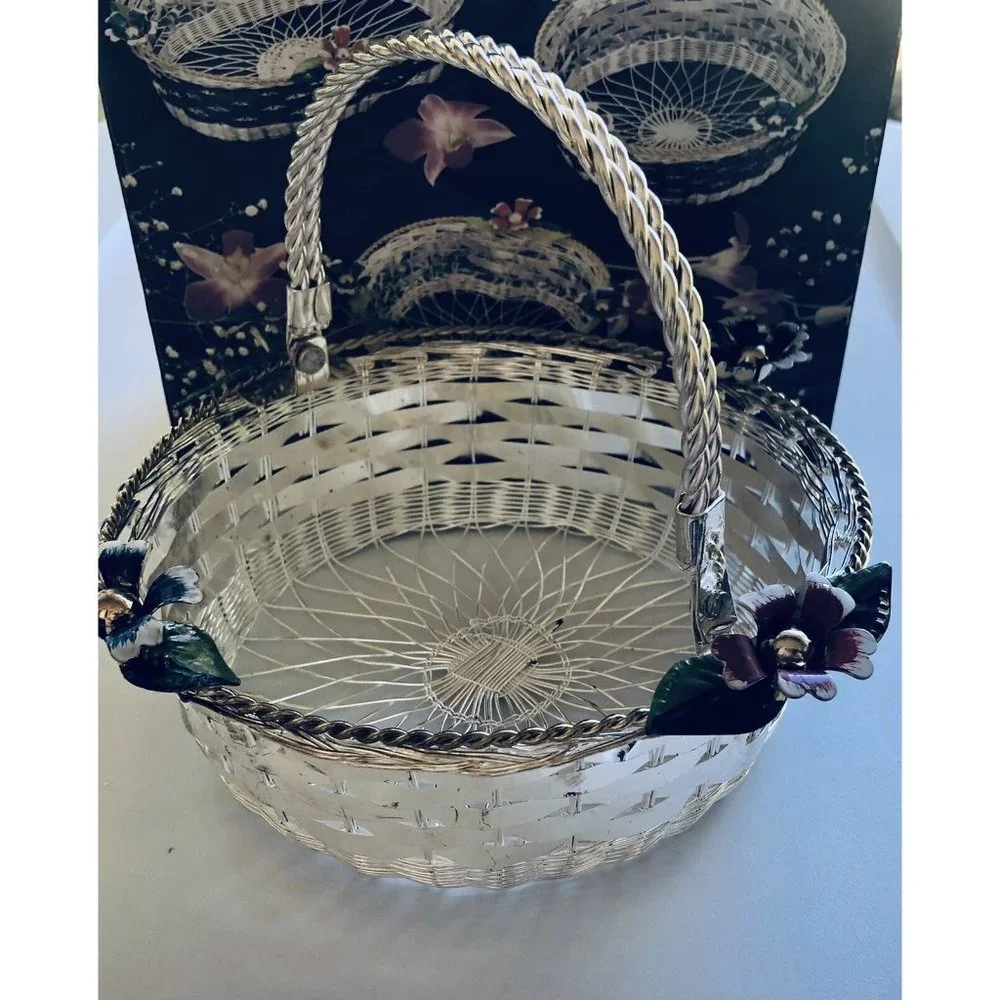 Vintage Hand Woven Wire Basket Silver Plated Pretty‎ Flowers Gift- NIB