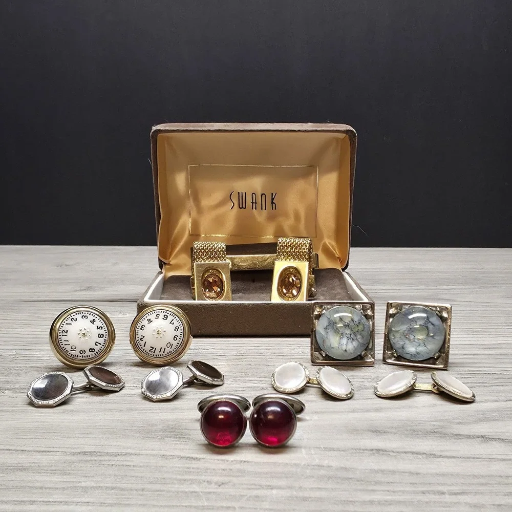 6 Vintage Mens Cufflinks Sets Lot Swank Mesh Watch Face Mother of Pearl Tie Clip