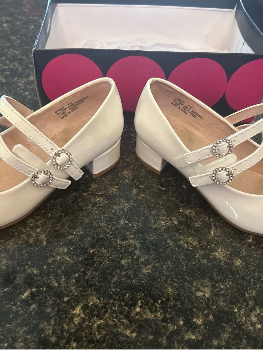 White Patent Mary Jane Heels with Decorative Buckles