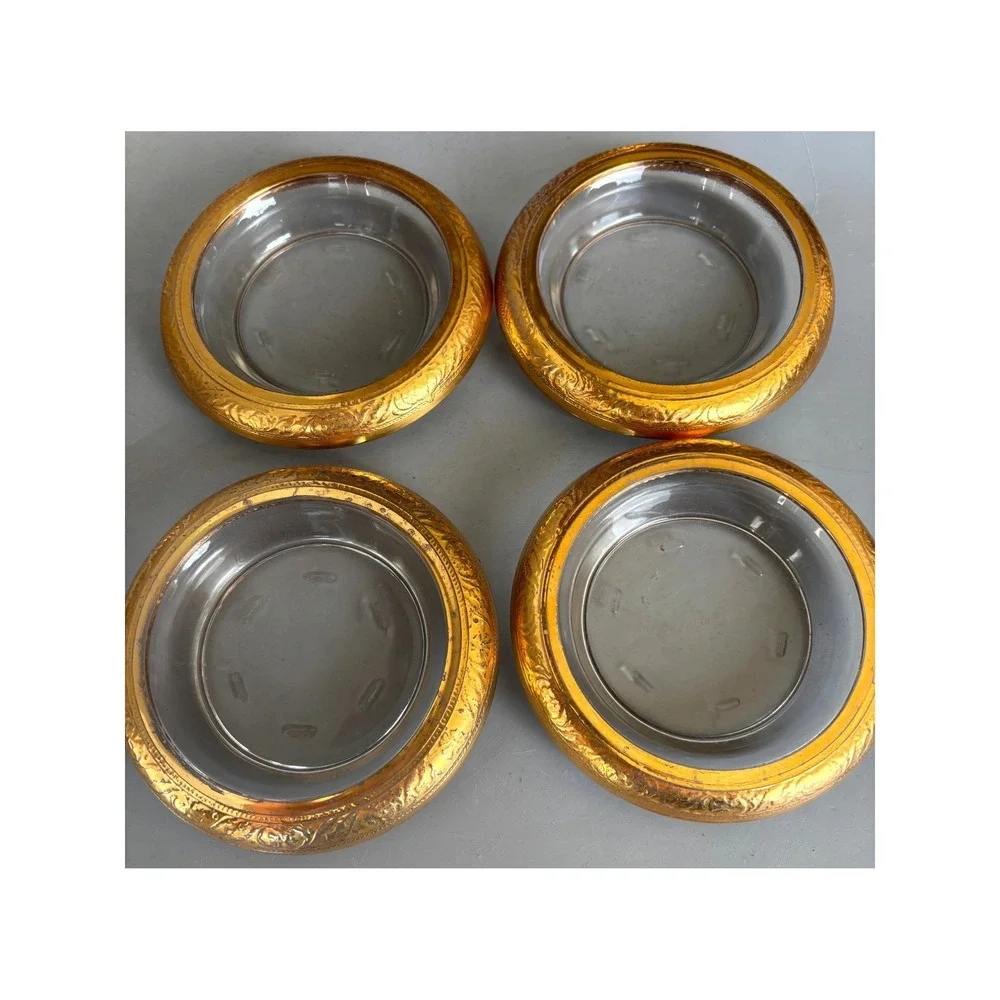 Vtg 4 Pc‎ Glass Coasters with Ornate Gold Tone Metal Rims Floral Embossed