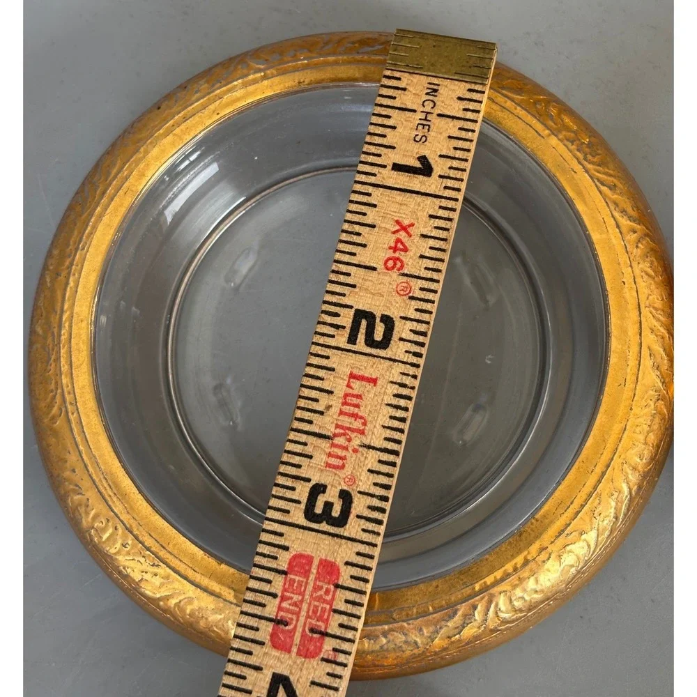 Vtg 4 Pc‎ Glass Coasters with Ornate Gold Tone Metal Rims Floral Embossed