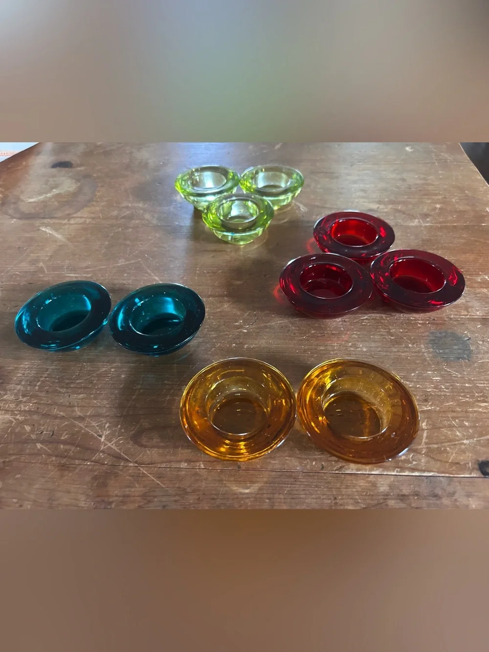 Crate & Barrel assorted colors glass tealight holders. Set of ten.