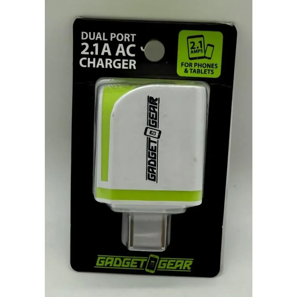 Gadget‎ Gear Dual Port 2.1A AC Charger For Phones And Tablets White Green NEW
