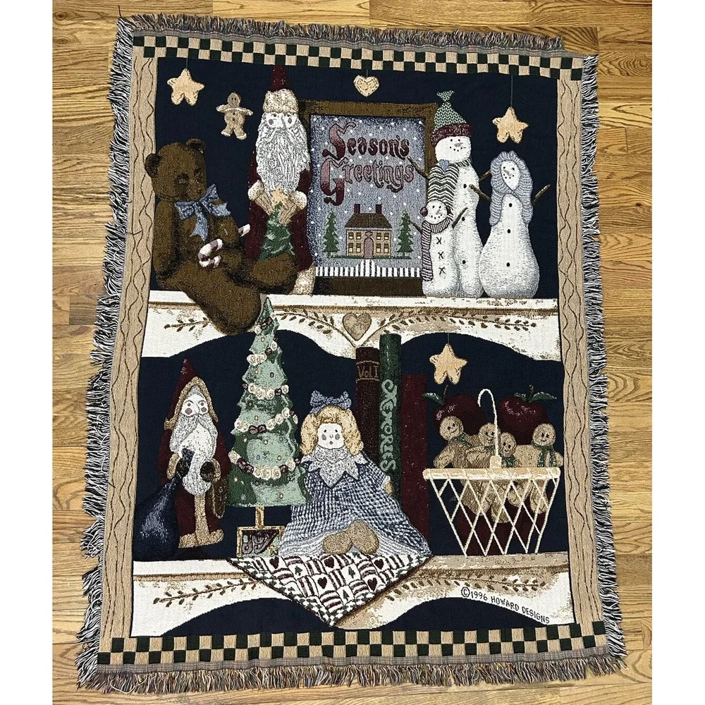 Seasons Greetings Santa & Snowmen Christmas Tapestry Afghan Throw‎ Blanket 50x65