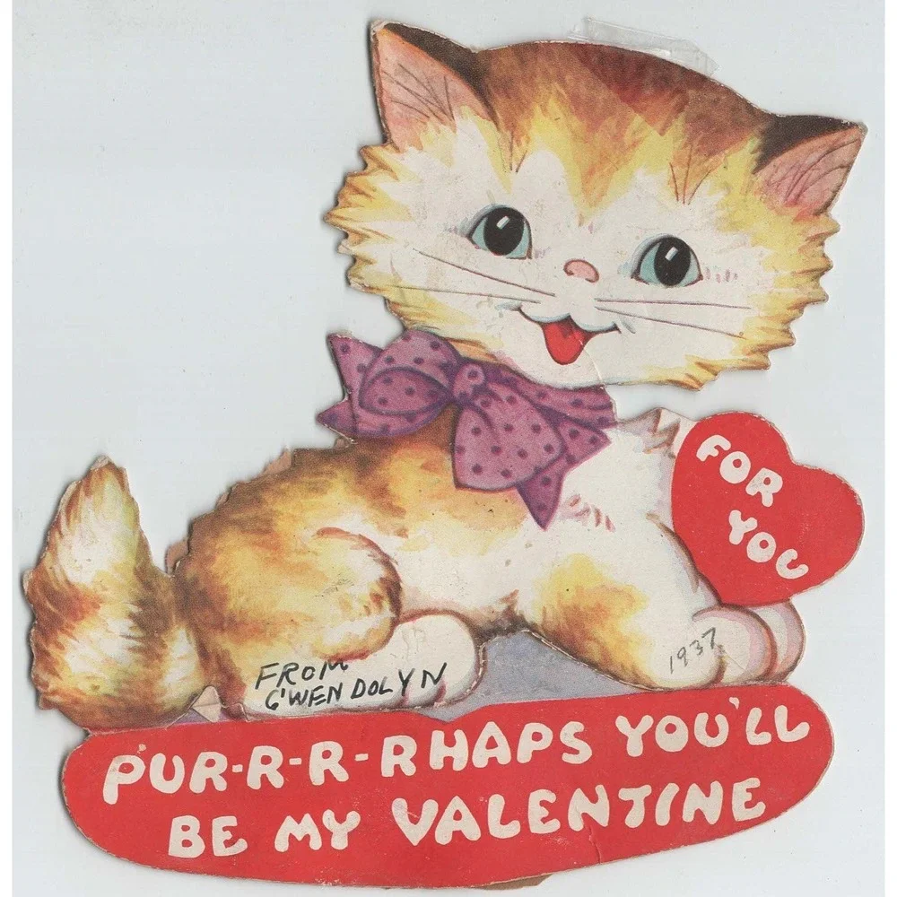 Vintage 1937 Die Cut Valentine Card Fluffy Kitten Cat Purple Bow Heart 1930s