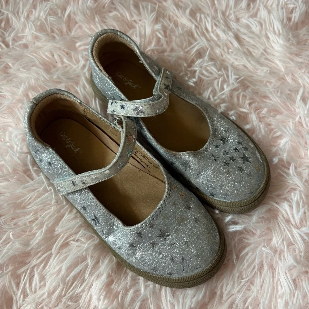 Cat & Jack Silver Glitter Kids Shoes Sz 12 Stars Mary Jane