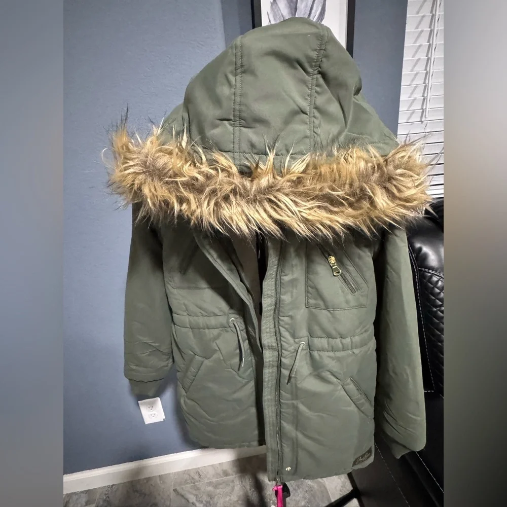 Justice Kids Olive Puffer Jacket with Faux Fur Trim
