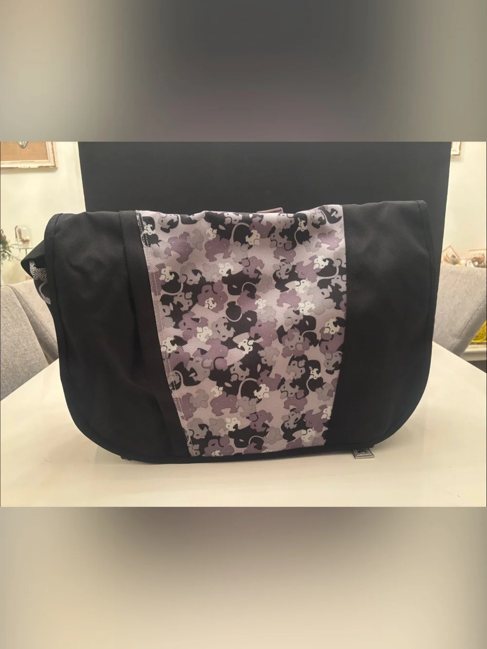 Large Black Messenger Bag with Purple Camo Accent