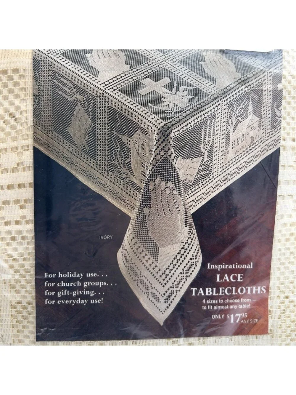 Religious Lace Tablecloth Ivory Oblong 60” X 84” Church Bible Cross Pray NWT VTG