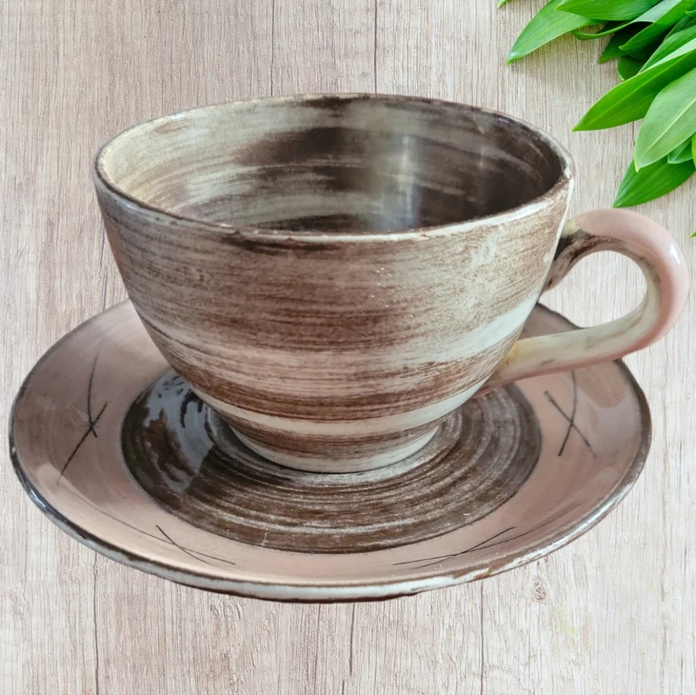 Vtg 1950s Stylized Spirals Brown & Pink SANTA ANITA Vreni Coffee Tea Cup Saucer