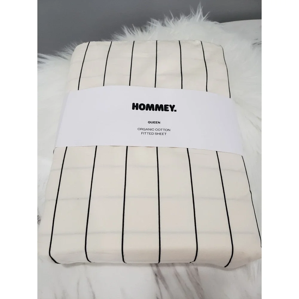 HOMMEY Queen FITTED Sheet White Organic Cotton Stripes Breathable Modern SIMPLE