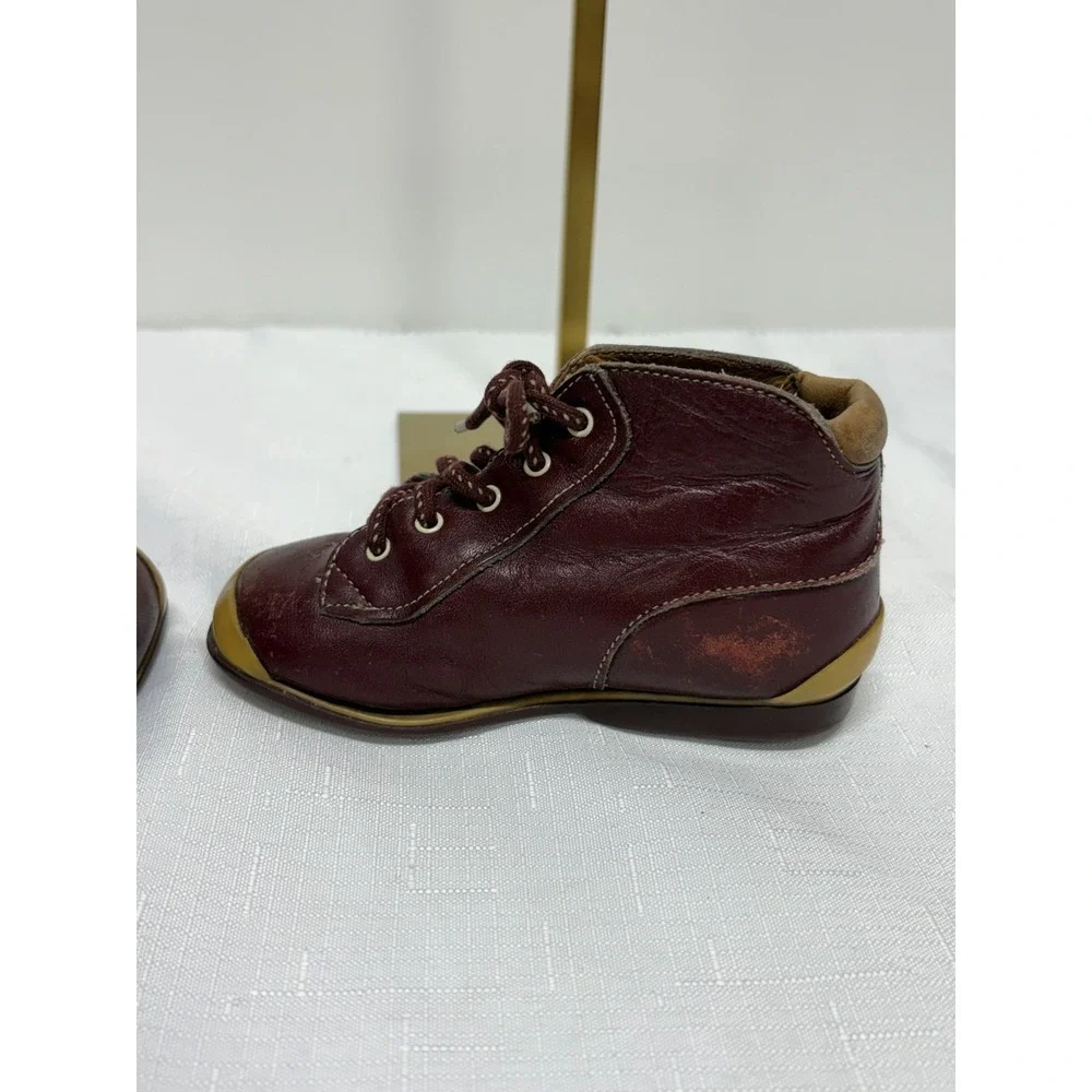Vintage Babybotte Leather High-Top Lace-Up Babies Shoes Size 21 Burgundy Toe Cap