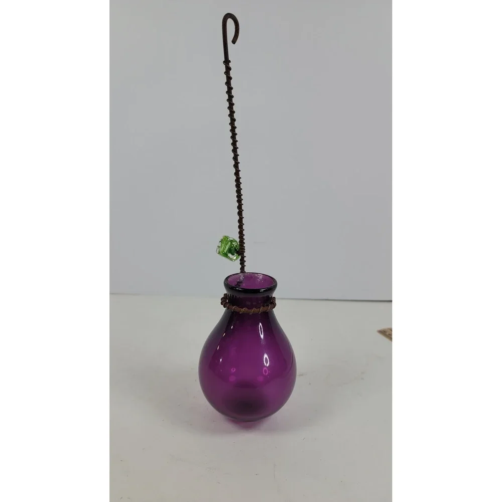 Signed Hand Blown Purple Glass Bud Vase with Metal Wire Hanger and Green Leaf