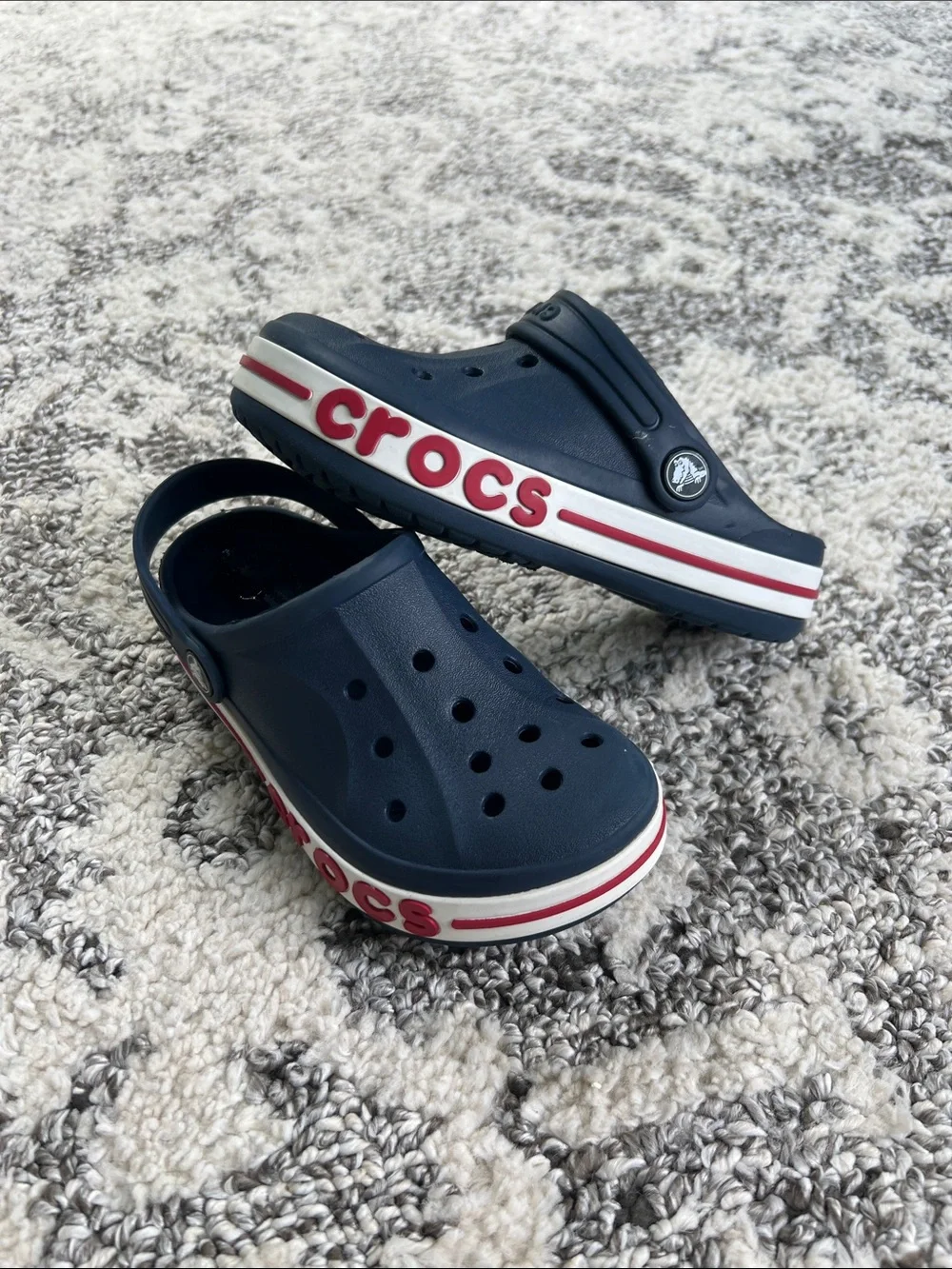 CROCS Kids Navy Clogs with Red & White Trim