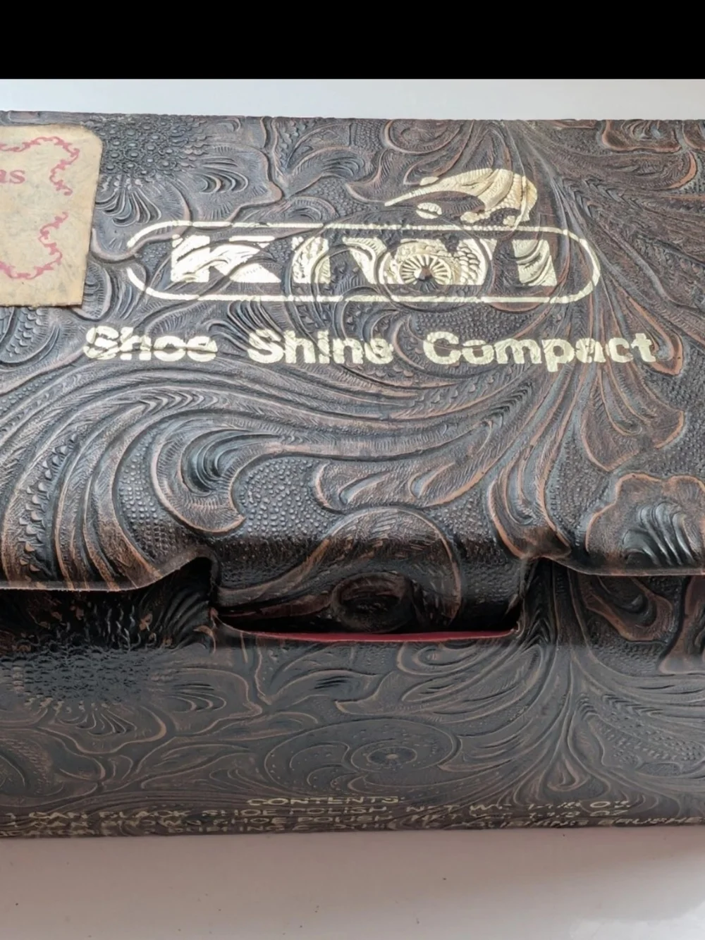 Vintage Kiwi Travel Shoe Shine Compact Kit Faux Tooled Leather Case Two Brushes