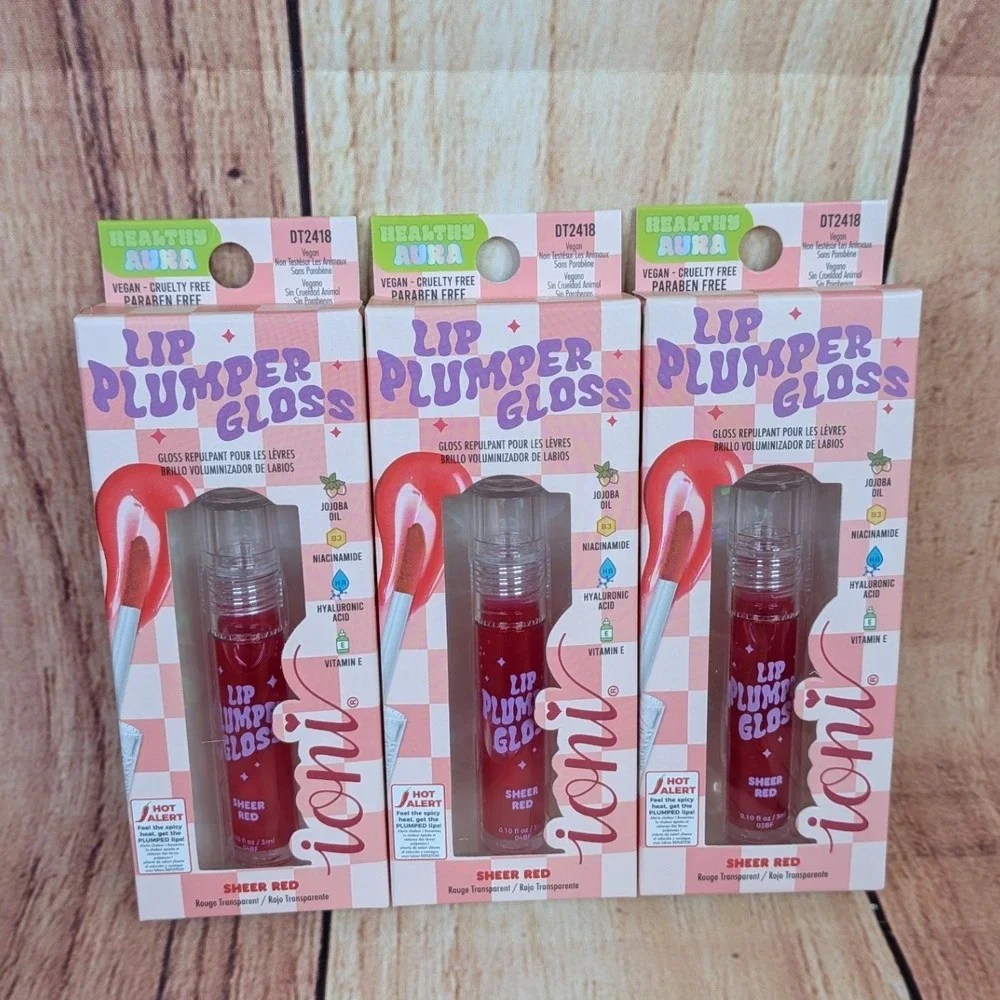 3 PK Ioni Healthy Aura Lip Plumper Lip Gloss Sheer Red - DT2418 Vegan High Shine