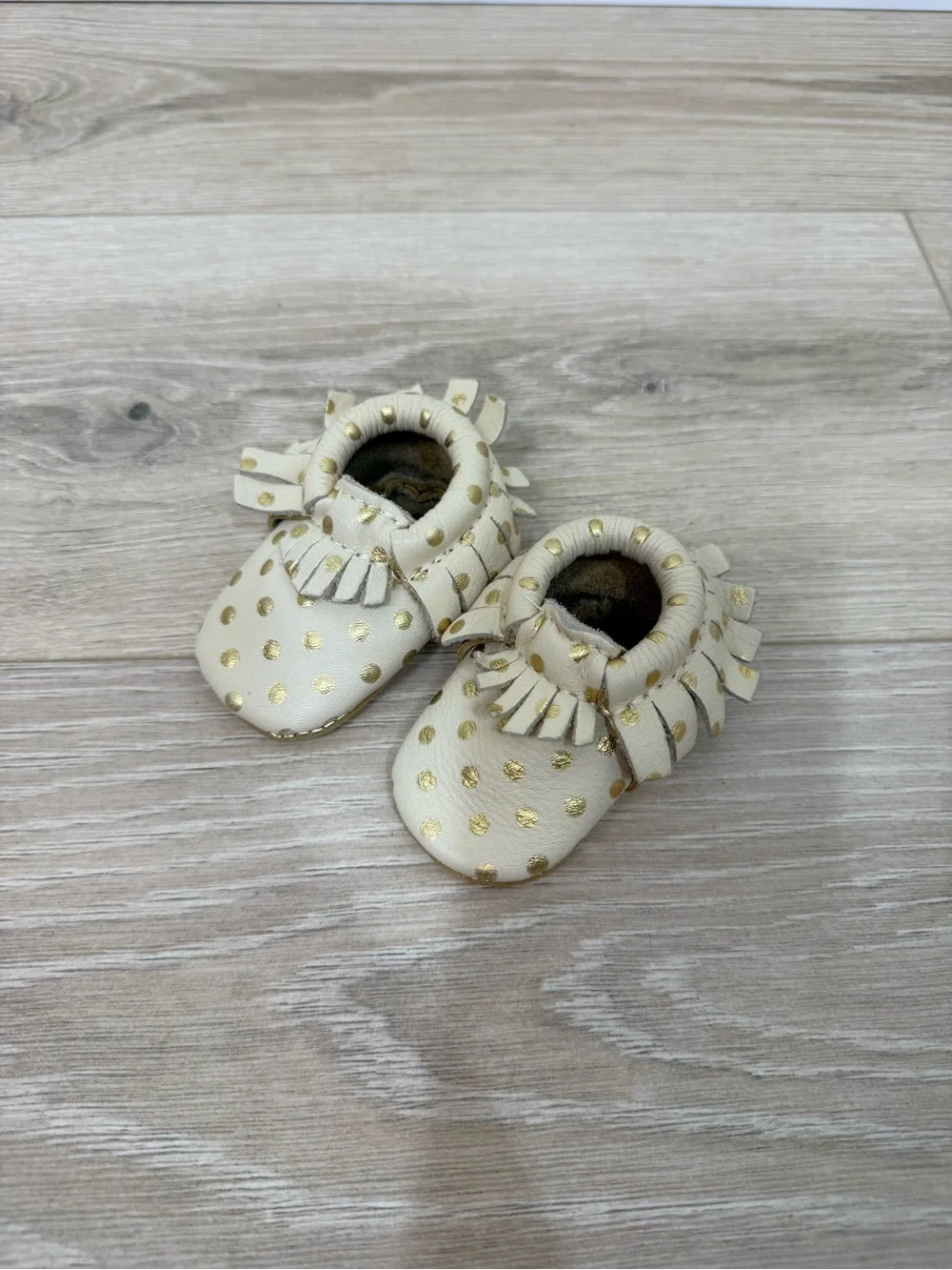 Freshly Picked Cream Gold Polkadot Leather Moccasins