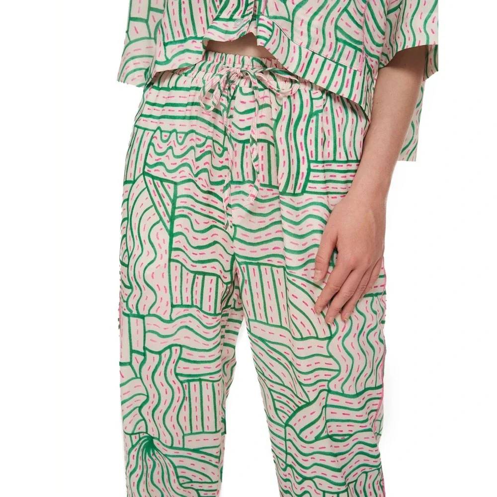 Zara Womens Green Pink‎ Abstract Print Linen Blend Straight Leg Pants High Rise