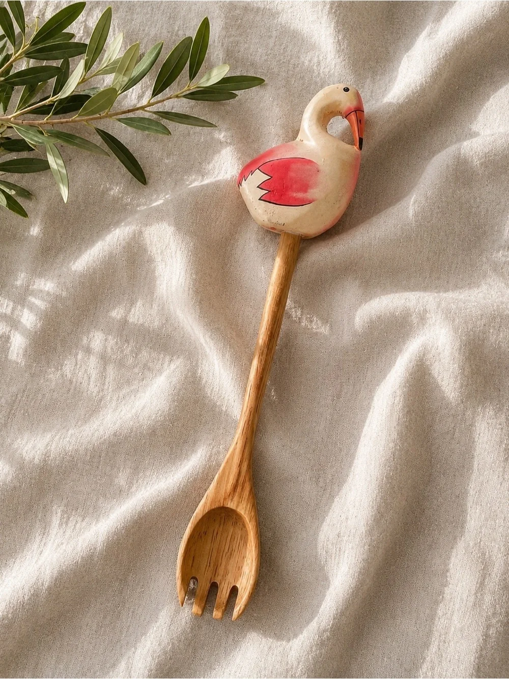 Vintage Wooden Flamingo Salad Server Spoon Fork Tropical Kitchen Utensil Decor