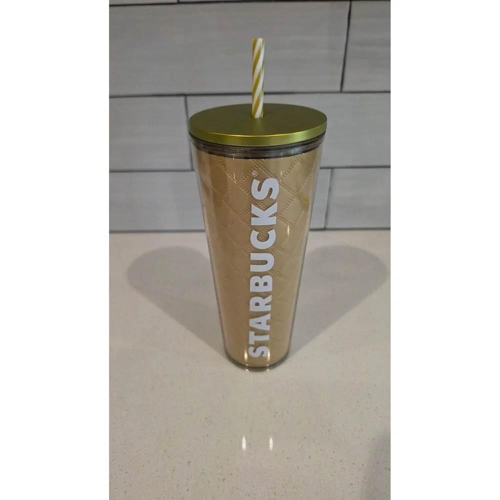(NEW) 2024 STARBUCKS HOLIDAY METALLIC GOLD QUILTED 24oz VENTI TUMBLER COLD CUP