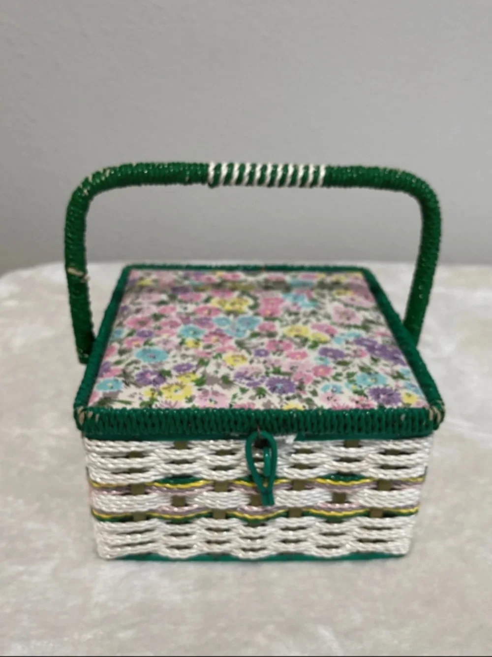 Vintage Floral Basket with Handle Woven Storage Craft Organizer
