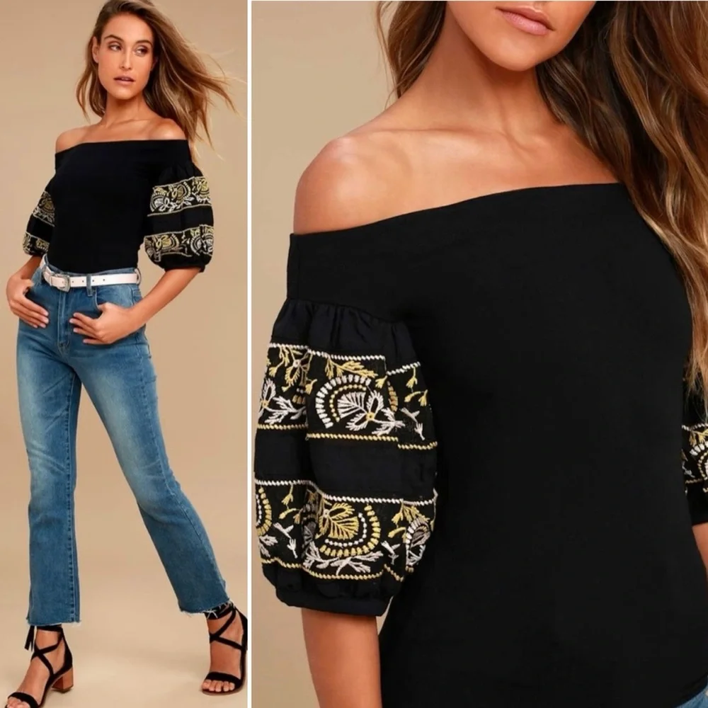 Free People Rock With It Off-Shoulder Embroidered Puff Sleeve Top Boho Size S