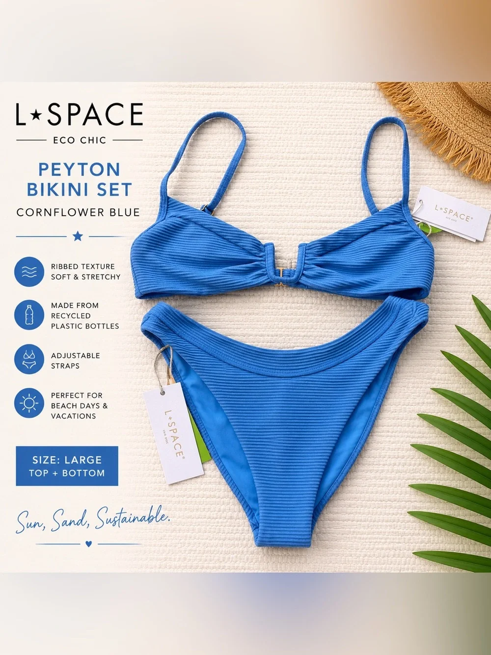 L*Space Peyton Ribbed Bikini Set NWT Large Cornflower Blue