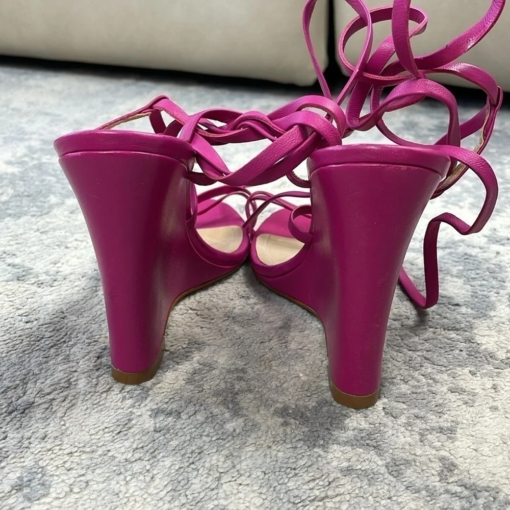 New Schutz Deonne Casual Nappa Leather Sandal Fuchsia Pink Wedge Wrap Sz 7
