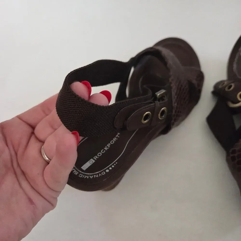 Rockport Strappy Comfort Animal Print Brown Leather Wedge Sandals Sz 7.5