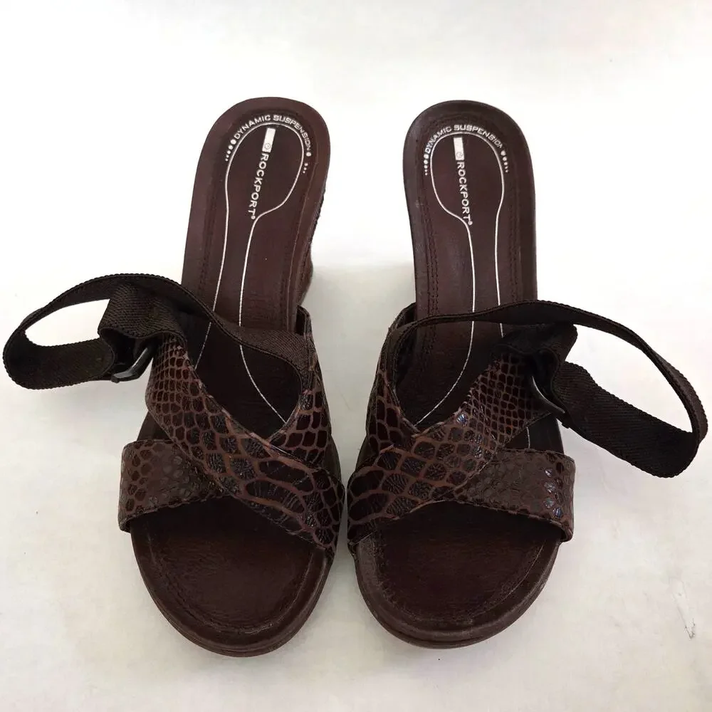 Rockport Strappy Comfort Animal Print Brown Leather Wedge Sandals Sz 7.5