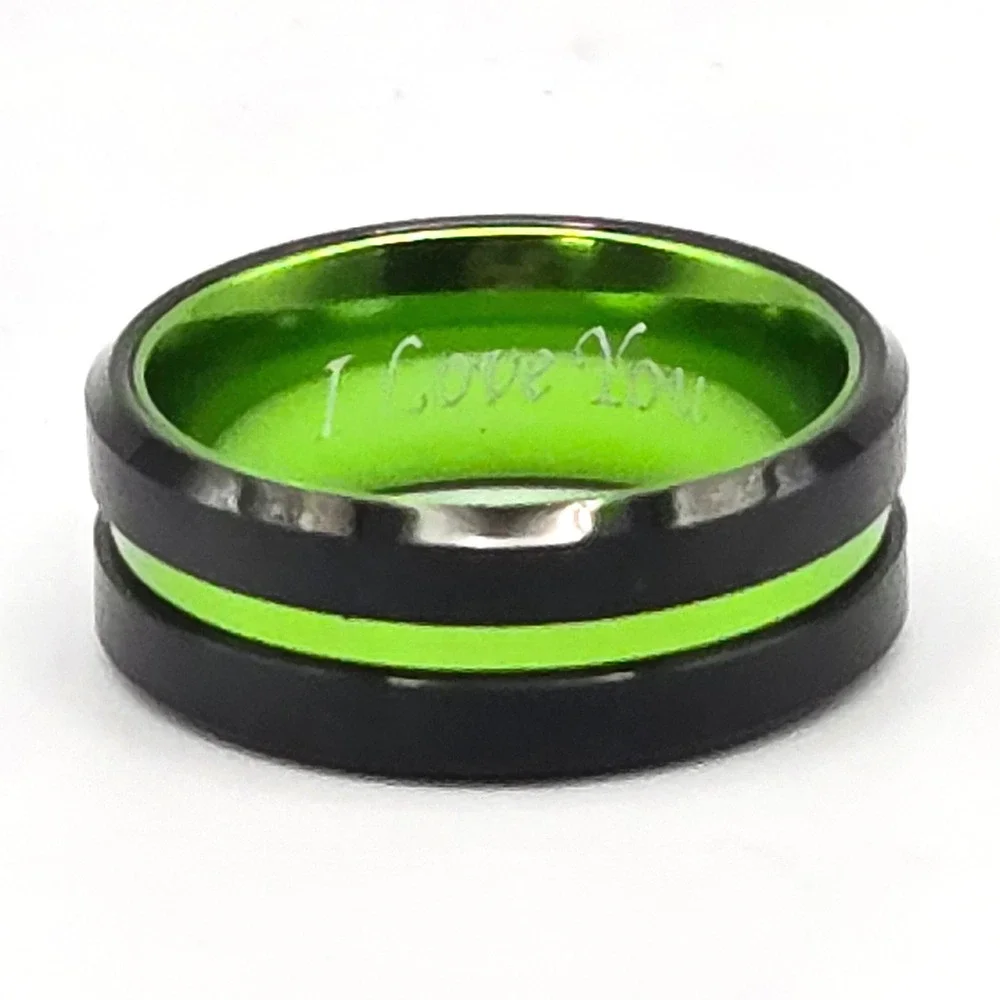 Black and Neon Green I Love You Engraved Tungsten Unisex Band Ring 8mm Size 7.75