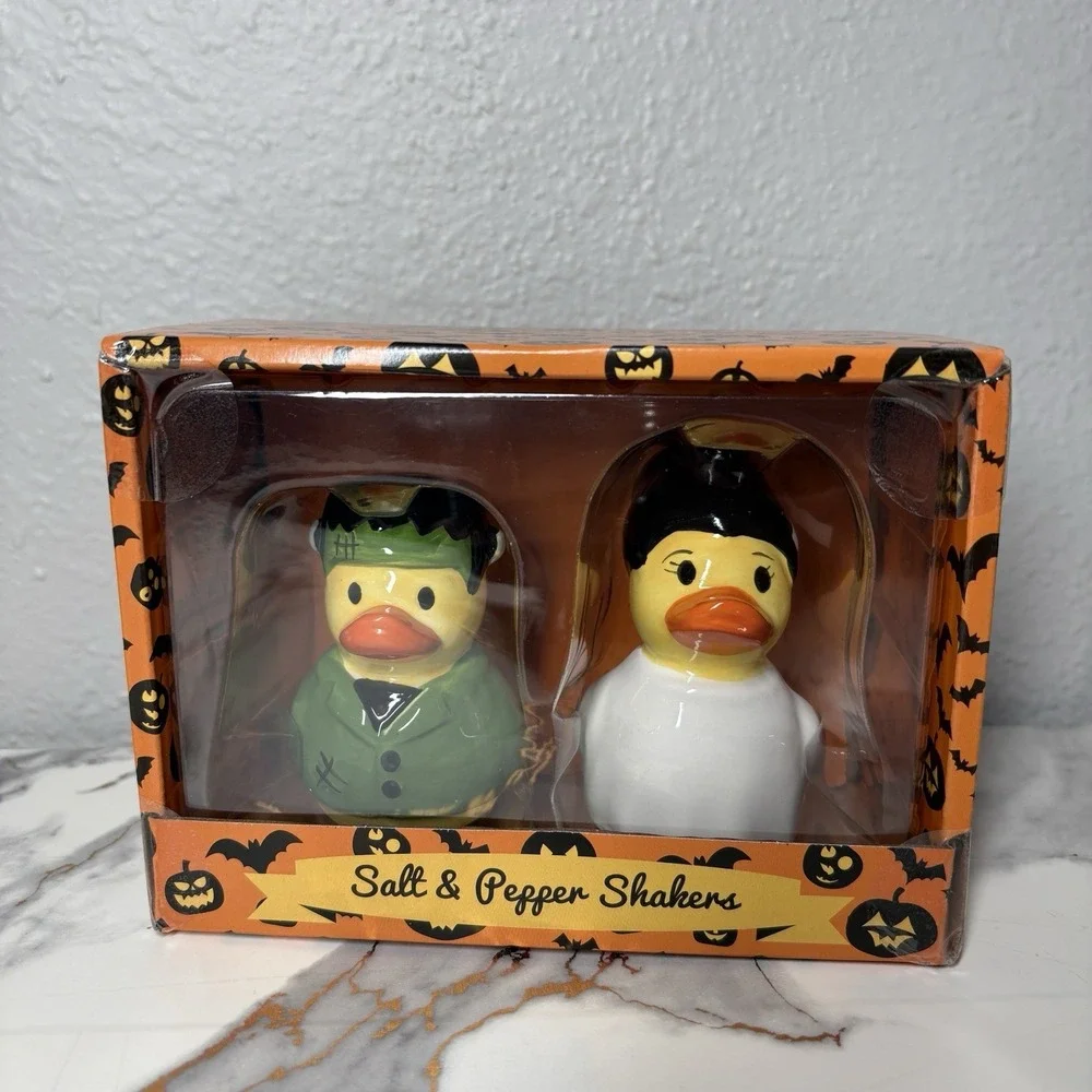 Little Village Transpac Halloween Duck Salt Pepper Shaker Set NIB Frankenstein