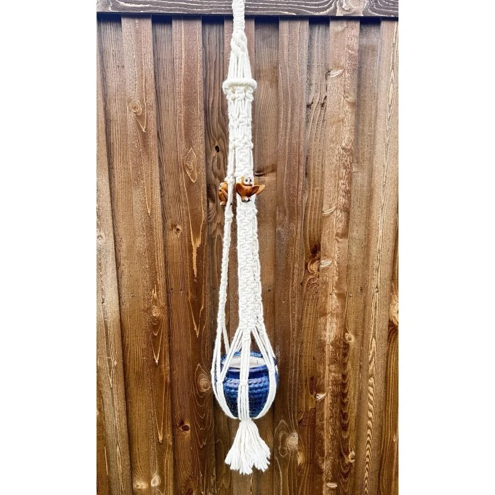 Macrame Cream Plant Hanger Boho 70s Hanging Planter w/ Owl Accents 58