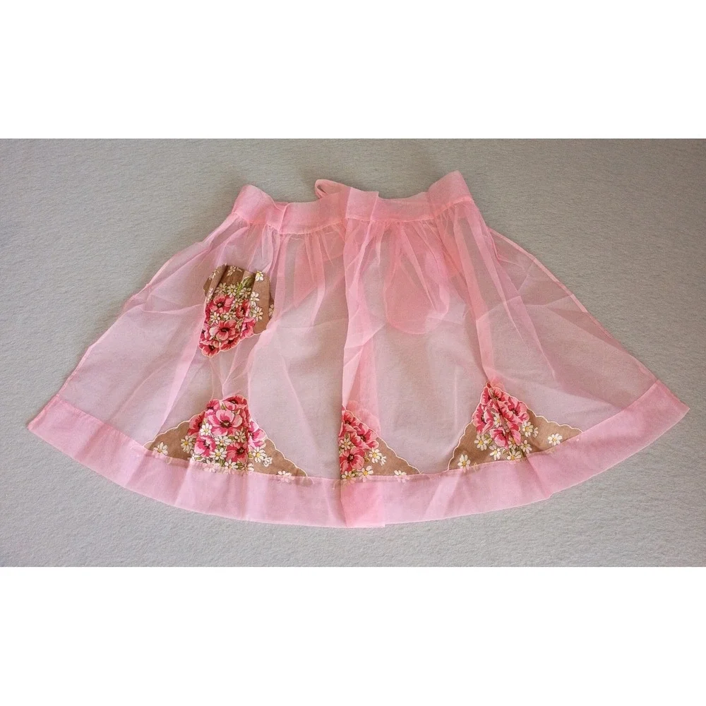 Vintage Handmade‎ Half Apron Sheer Pink Floral Shabby Chic Cottagecore Cute