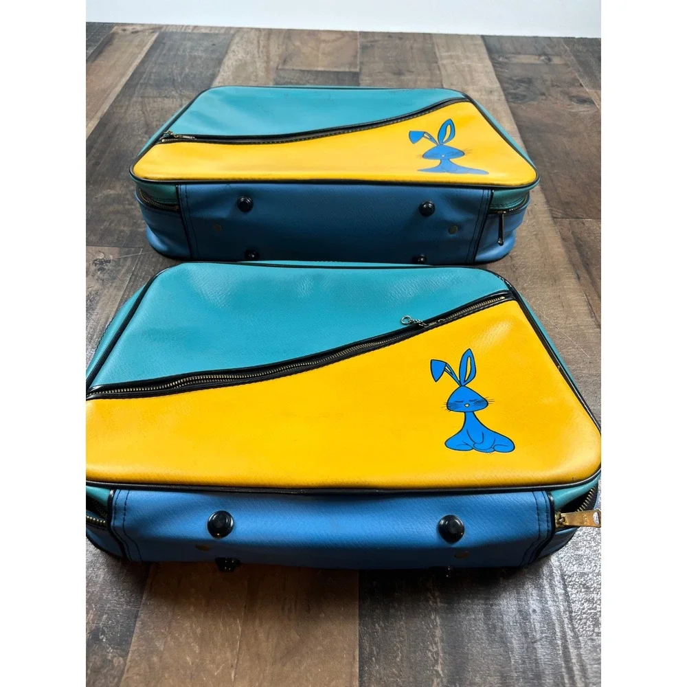 Vintage 70s Blue Yellow Bunny‎ Nesting Suitcase Set Retro Mod Travel Bags 2pc