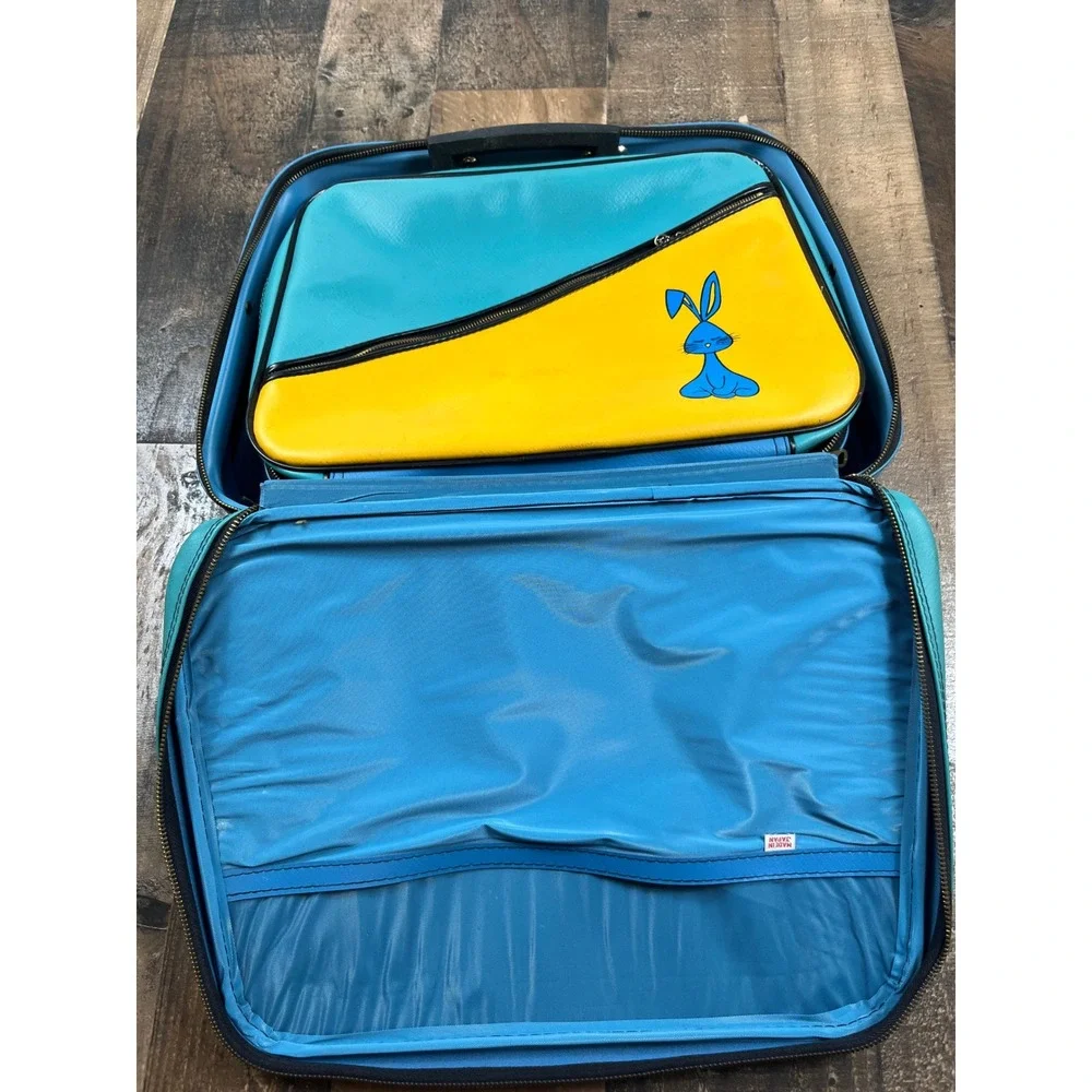 Vintage 70s Blue Yellow Bunny‎ Nesting Suitcase Set Retro Mod Travel Bags 2pc