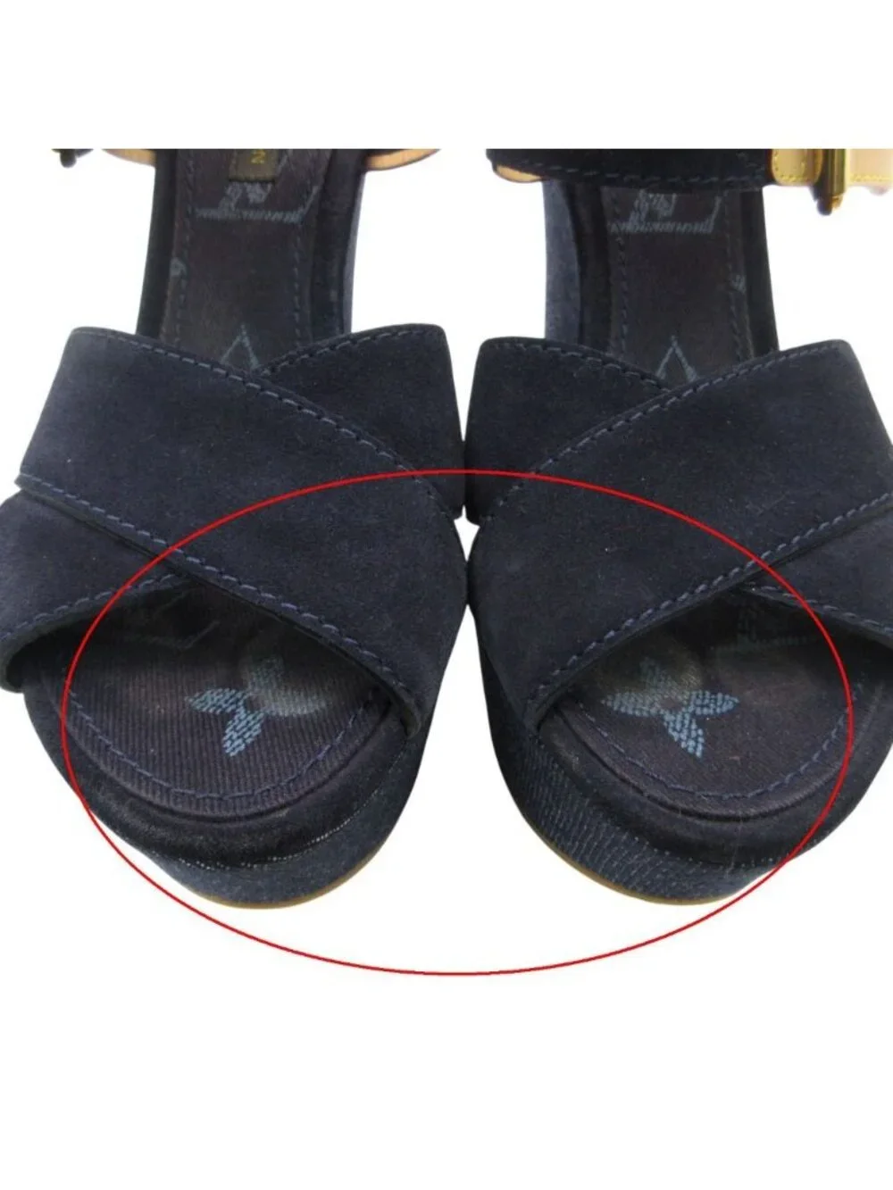 Louis Vuitton Sandals Monogram Wedge Sole Denim Suede Cross Strap Belt Shoes