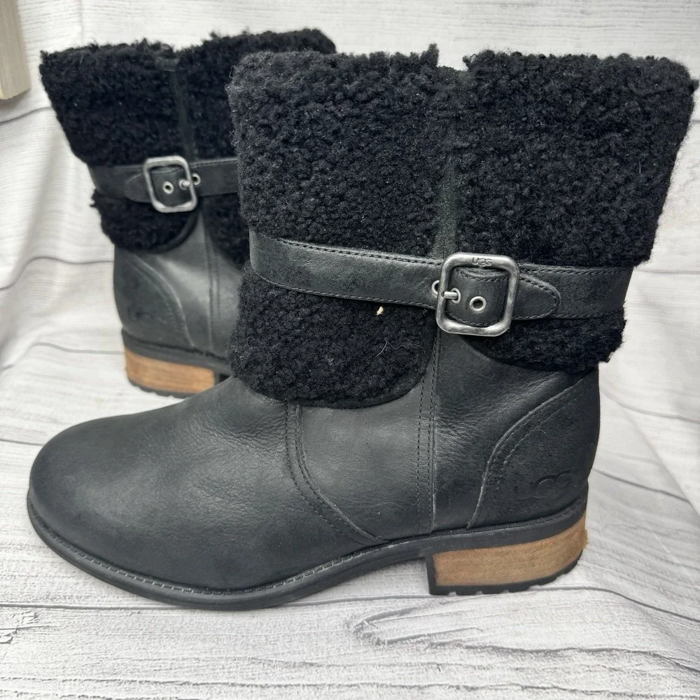 UGG Women's Blayre‎ II Sheepskin and Water-Resistant Leather Size 9 Boots Black