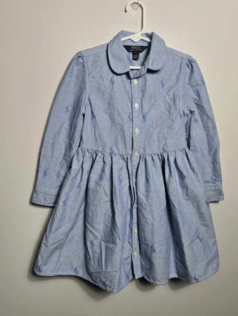 Polo Ralph Lauren Girls Blue Oxford Cotton Pony Embroidered Shirtdress Dress 5