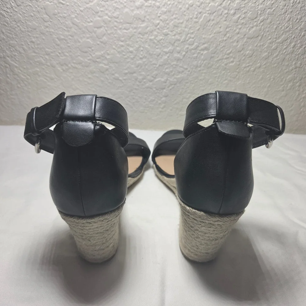 A New Day Black Espadrille Wedge Sandals Ankle Strap Jute Heel Women 8.5