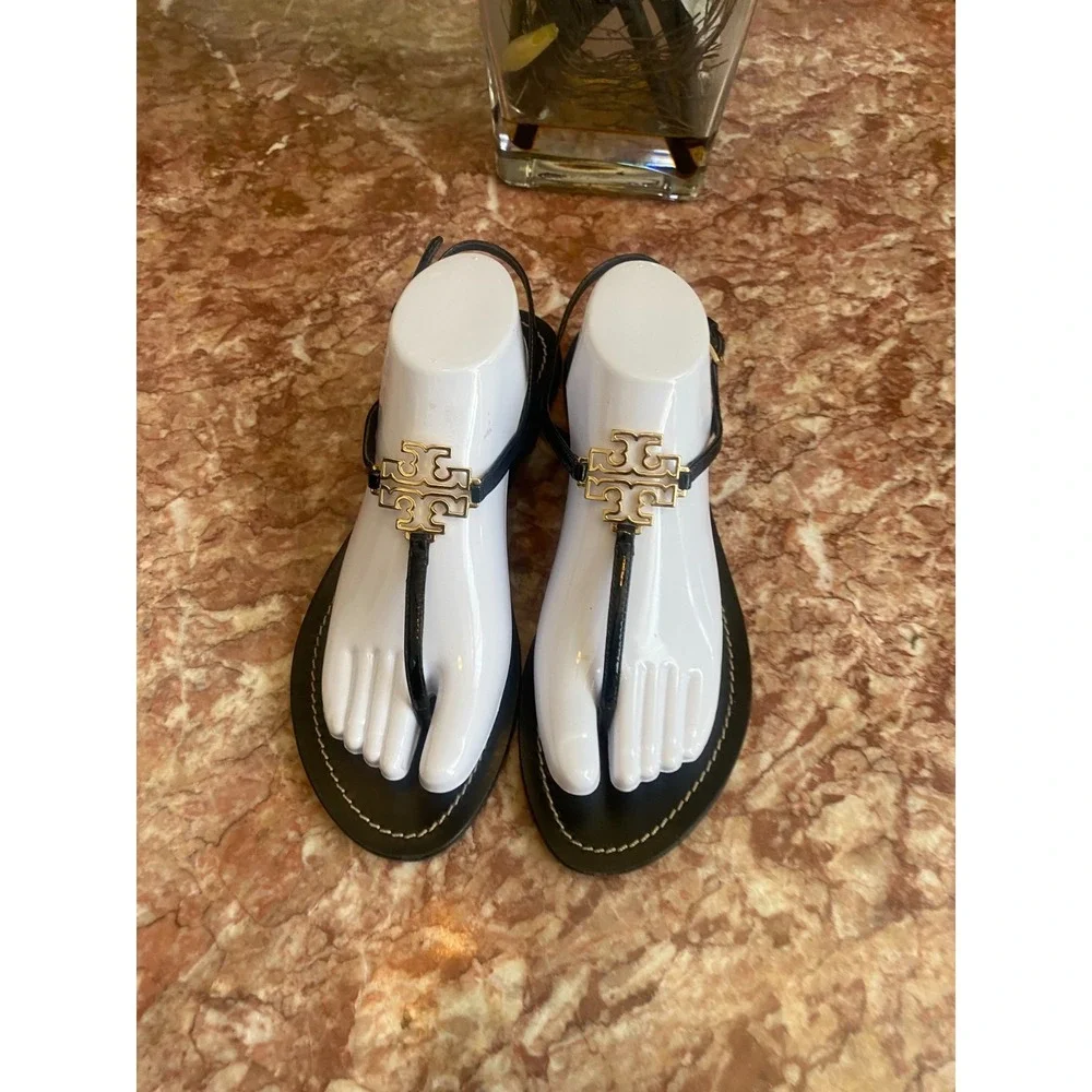 Tory Burch Melinda Black Leather Gold Logo Medallion Thong Sandal 9.5M EUC, $295