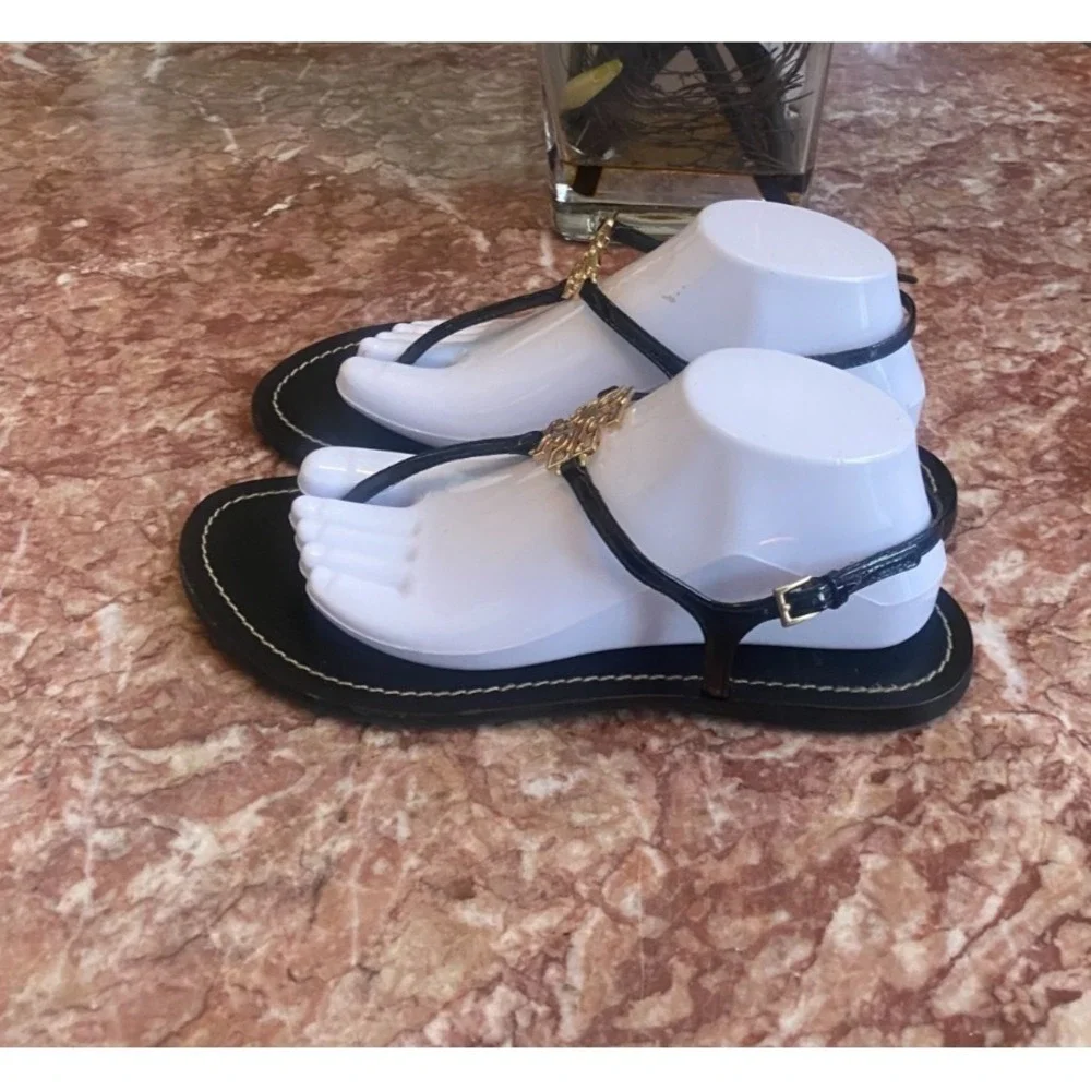 Tory Burch Melinda Black Leather Gold Logo Medallion Thong Sandal 9.5M EUC, $295