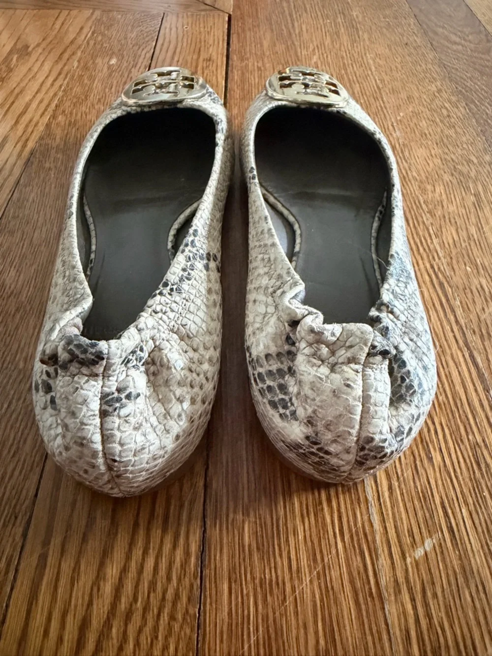Tory Burch Cream and Black Snakeskin-Print Logo Ballet Flats