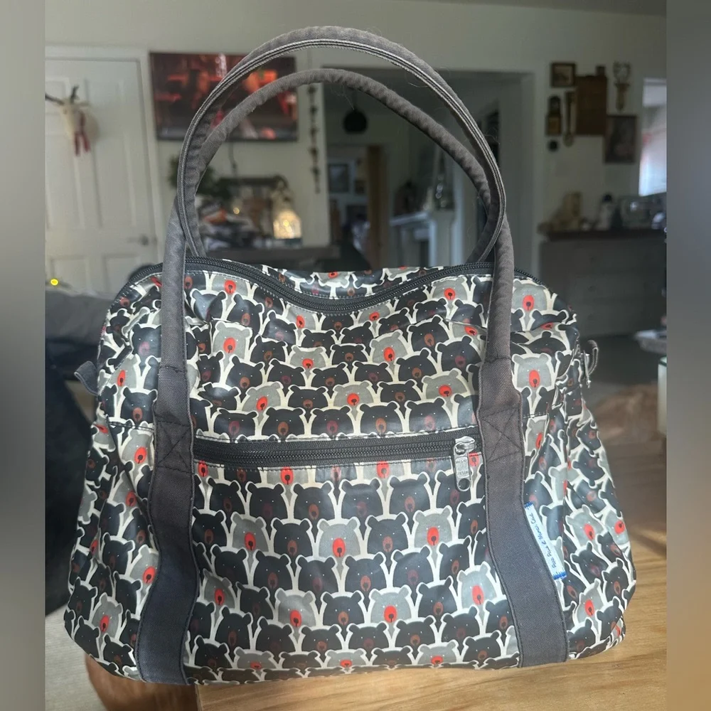 Papa pique et Maman Coud bowling purse French Bear print brown grey black red